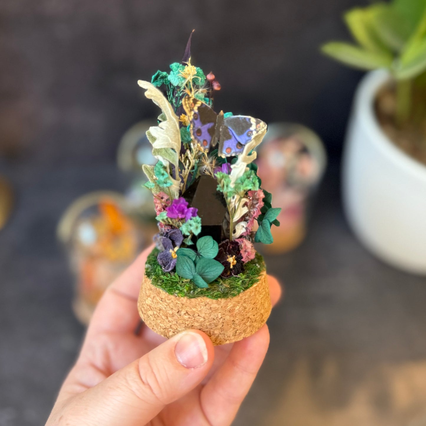 Mini Blue Pansy Butterfly & Smoky Quartz Terrarium