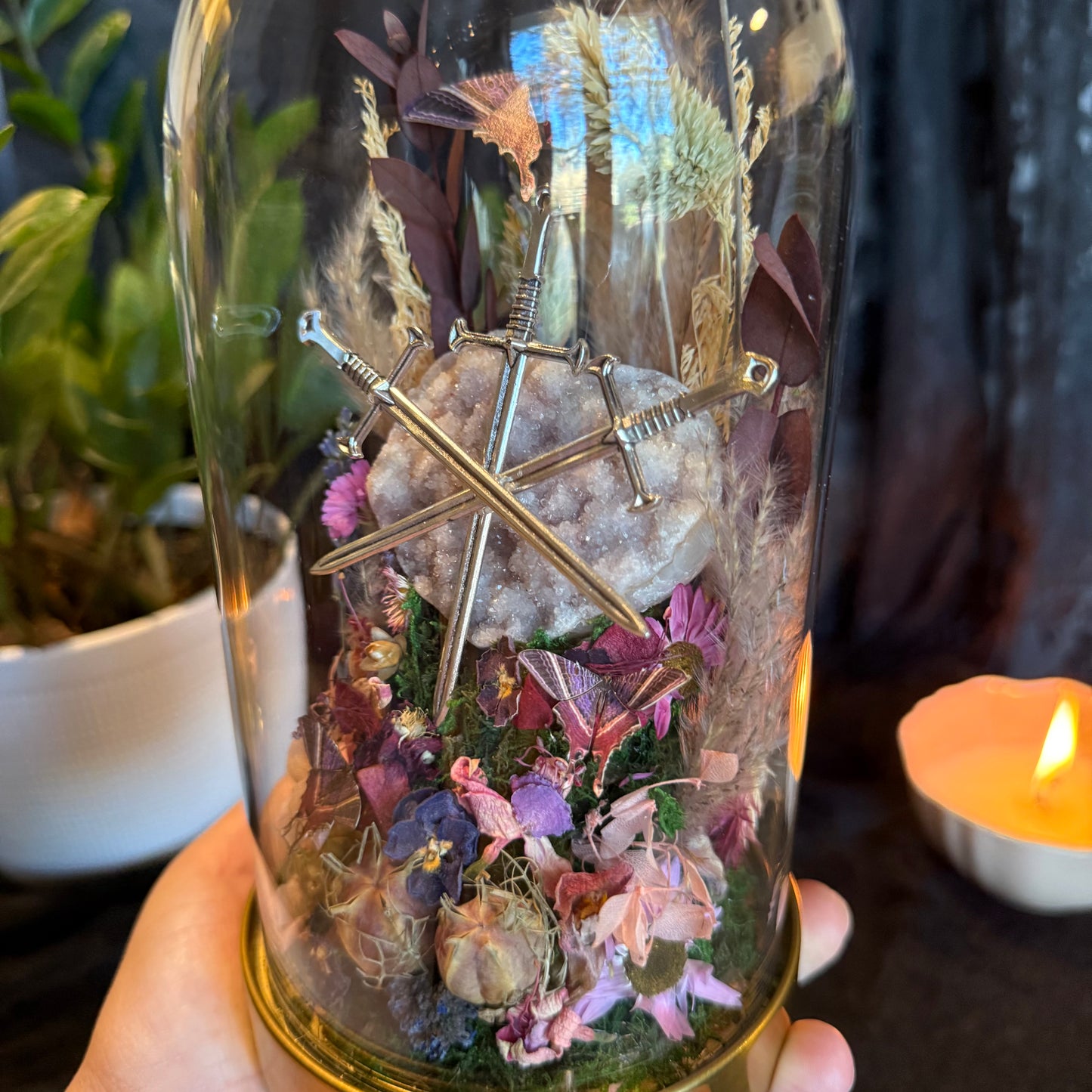 3 of Swords & Pink Amethyst Heart Terrarium